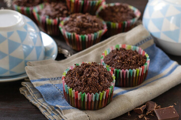 Chocolate muffins with chocolate chips and chocolate streusel