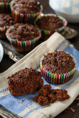 Chocolate muffins with chocolate chips and chocolate streusel