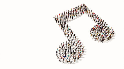 Concept conceptual large community of people forming themusic sign. 3d illustration metaphor for melody, tempo, multimedia, composition, harmony or classic sound