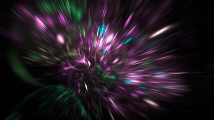 Abstract green and purple fireworks. Holiday background with fantastic light effect. Digital fractal art. 3d rendering.