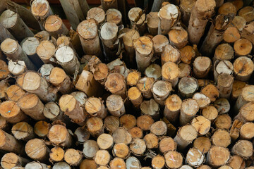 A pile of stacked firewood, prepared for heating the house, Firewood harvested for heating in winter, Chopped firewood on a stack, Firewood stacked and prepared for winter Pile of wood logs.