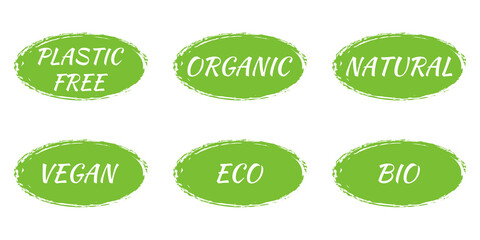 Eco, Organic, Bio, Natural, Plastic free, Vegan icon, logo or label set. Green stickers for healthy food, products and cosmetics. Vector illustration.