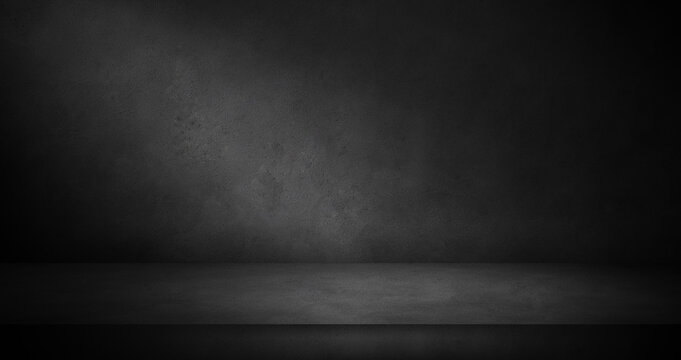dark modern concrete room texture, photography or product display background, mock up panoramic banner with copy space	
