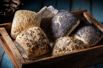 Fresh baked goods in a wooden tray