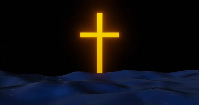 3d render with a golden glowing cross on a background of waves and stars