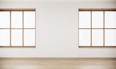 White room interior design decorating with wood. large window in the Japandi style room. 3d rendering background