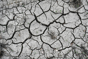Closeup view of cracked soil after drought.