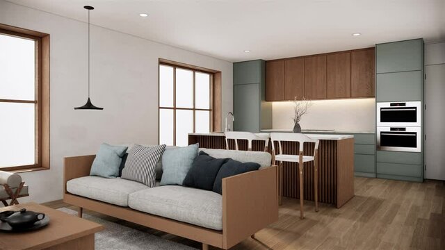 interior of japandi style room with furniture and large windows. modern apartment design. 3d video 4k animation