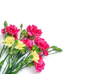 bouquet of pink, yellow carnation flower isolated on white background Top view Flat lay Holiday card 8 March, Happy Valentine's day, Mother's, Memorial, Teacher's day concept Copy space	