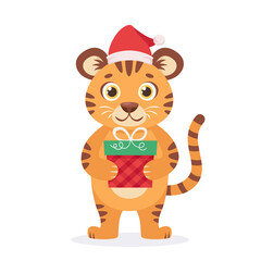 Cute tiger in a Santa's hat with Christmas present. Year of the tiger. Vector illustration