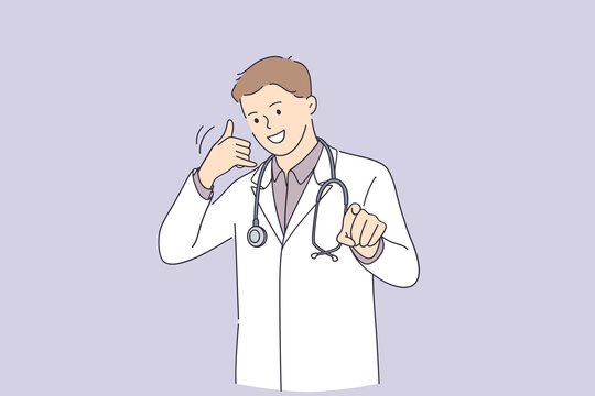 Professional doctor and healthcare concept. Smiling positive young male Doctor of Medicine standing and showing thumbs up sign with fingers vector illustration 