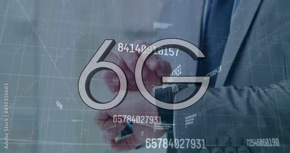 Poster 6g text and multiple changing numbers against mid section of businessman using smartwatch