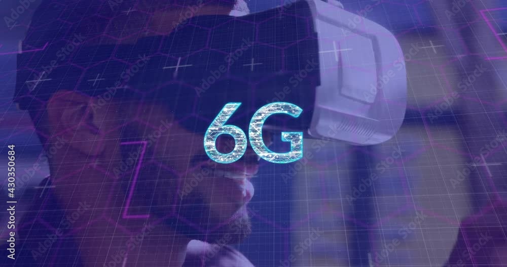 Poster 6g text and light trails over hexagonal shapes against man gesturing while wearing vr headset
