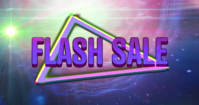 Animation of retro flash sale purple text with neon triangles on glowing pink to purple background