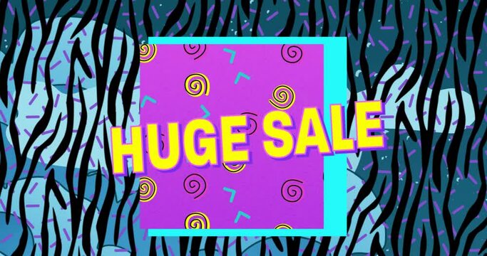 Animation of retro huge sale text on pink and blue banner with zebra print background