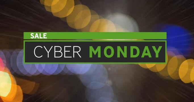 Digital animation of cyber monday sale text against colorful spots of light on grey background