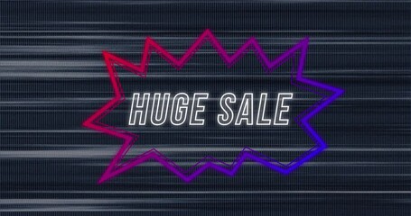 Animation of retro huge sale text on rainbow neon speech bubble over flickering lines - Powered by Adobe