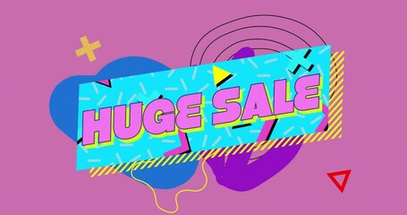 Animation of retro huge sale text on blue banner with geometric shapes on pink background - Powered by Adobe