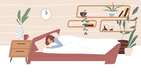 Tired woman sleeping in comfortable bed under blanket in bedroom. Person dreaming in cozy room. Bedtime concept. Colored flat vector illustration of sleepy human isolated on white background