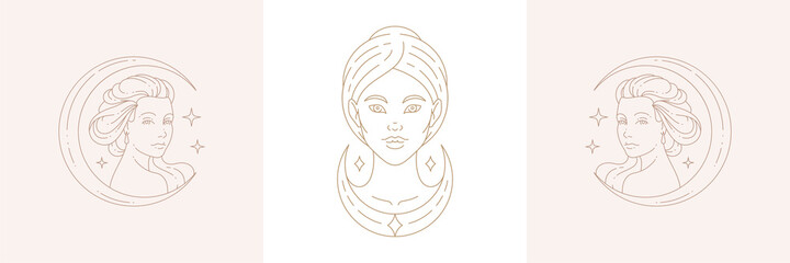 Linear design of emblems with ancient goddesses