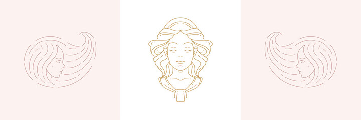 Magic female heads and woman with beauty hairstyle in boho linear style vector illustrations set.