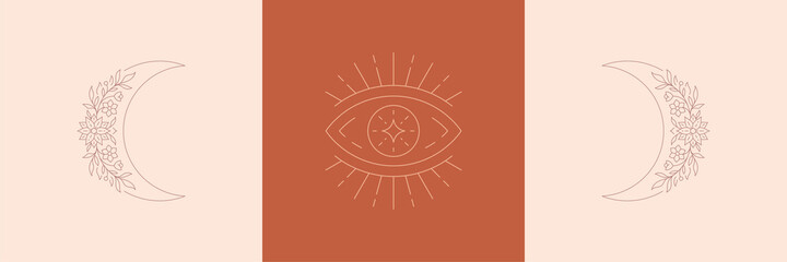 Magic eye and moon crescent with flowers in boho linear style vector illustrations set. © provectors