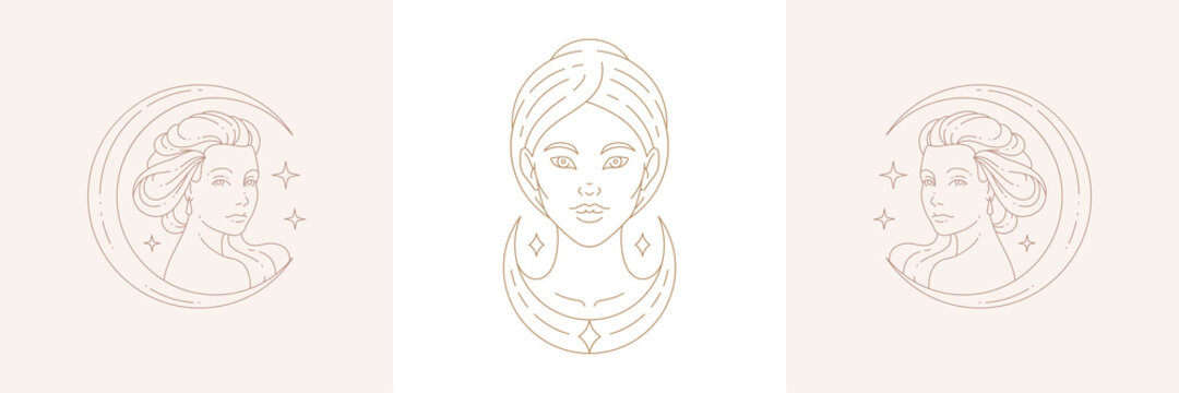 Linear design of emblems with ancient goddesses