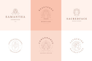 Feminine logos emblems design templates set with magic female vector illustrations minimal linear style