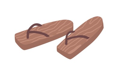 Pair of women open flip-flops with wooden sole. Female home shoes or summer slides. Flat vector illustration of footwear isolated on white background