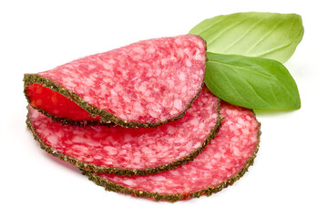Salami sausage slices, isolated on white background. High resolution image