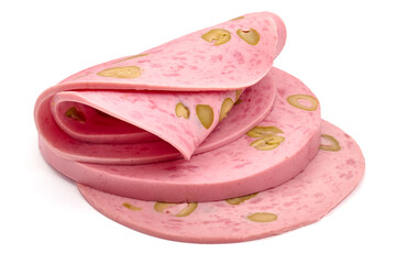 Spanish sausage slices with olives, traditional smoked sausage, close-up, isolated on white background. High resolution image.