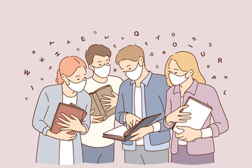Meeting during coronavirus epidemic concept. Happy young people meeting outdoors wearing medical protective masks during covid-19 pandemic vector illustration 