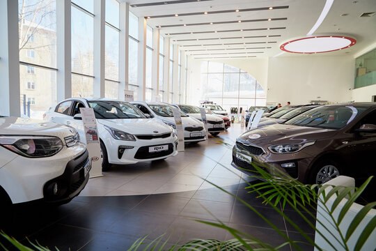 Kirov, Russia - March 07, 2019: Cars in showroom of dealership Kia in Kirov in 2019
