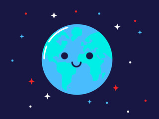 Obraz na płótnie Canvas Smiling earth character illustration. Cute globe into space with eyes and a smile. Comos view. Education illustration for kids. Vector.