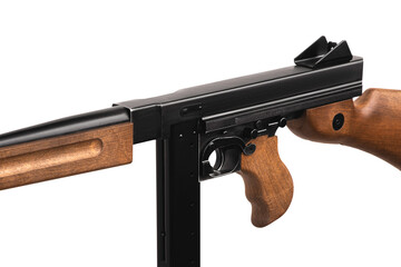 Old American machine gun. Vintage automatic weapon. Armament of the mafia and the army of the...