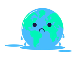 High temperatures clip art, global warming and climate change illustration. Sad Earth character, kids illustration isolated on a white background. Vector.