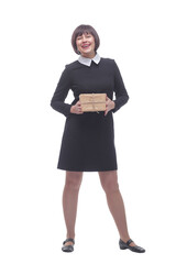 in full growth . business woman with a parcel.