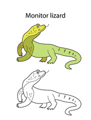 Funny cute animal monitor lizard isolated on white background. Linear, contour, black and white and colored version. Illustration can be used for coloring book and pictures for children