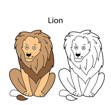 Funny cute animal lion isolated on white background. Linear, contour, black and white and colored version. Illustration can be used for coloring book and pictures for children