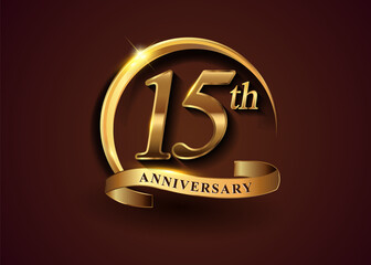 15th golden anniversary logo with gold ring and golden ribbon, vector design for birthday celebration, invitation card.