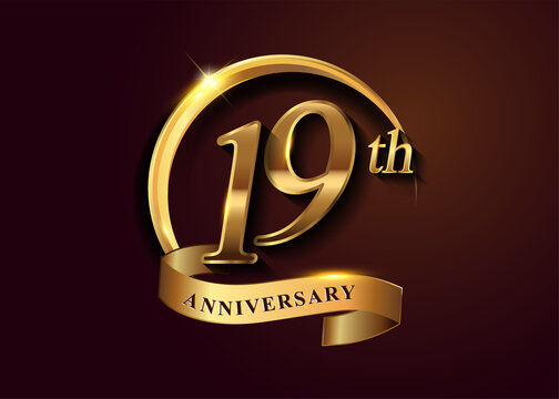 19th golden anniversary logo with gold ring and golden ribbon, vector design for birthday celebration, invitation card.