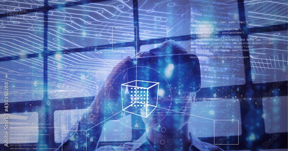 Poster composition of digital cube and data processing over man wearing vr headset