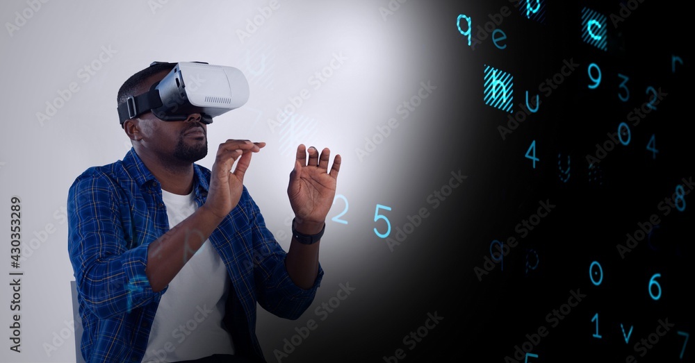 Poster composition of letters processing over man wearing vr headset and touching virtual screen