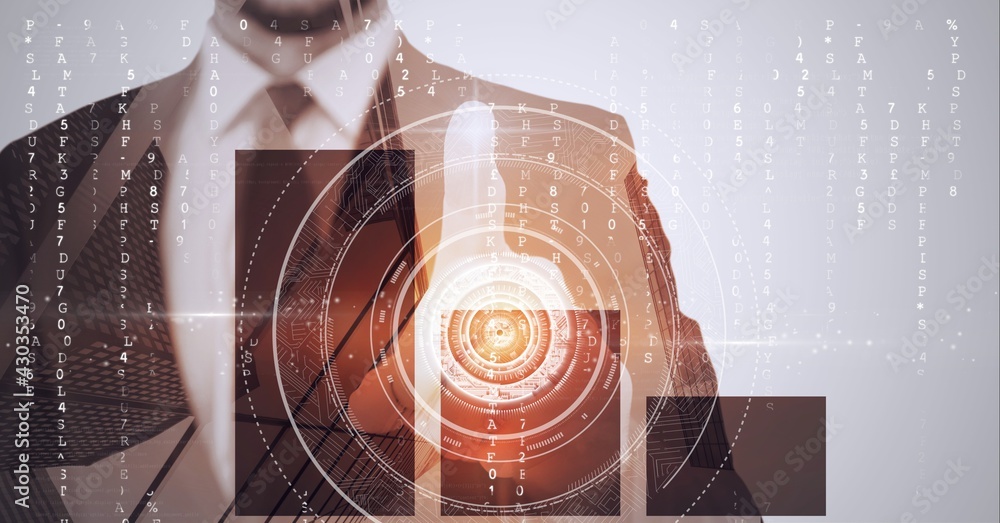 Poster composition of man touching virtual screen with scope scanning and letters changing