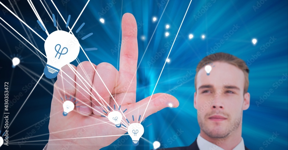 Poster composition of man touching virtual screen with light bulb icons with network of connections