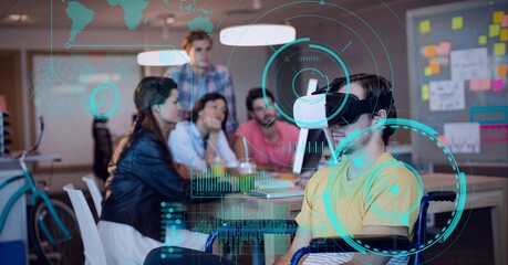Composition of data processing and scopes scanning over man wearing vr headset in office