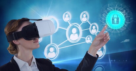 Composition of woman wearing vr headset touching online security padlock icon over network