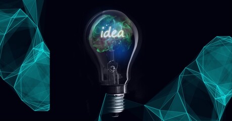 Composition of idea text in light bulb and green networks of connections on black background