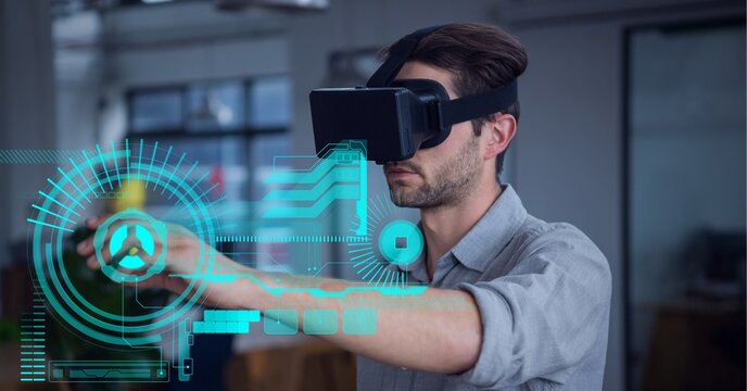 Composition of data processing and scopes scanning over man wearing vr headset touching screen