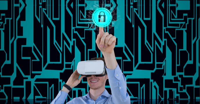 Composition of smiling man wearing vr headset touching online security padlock icon on blue network
